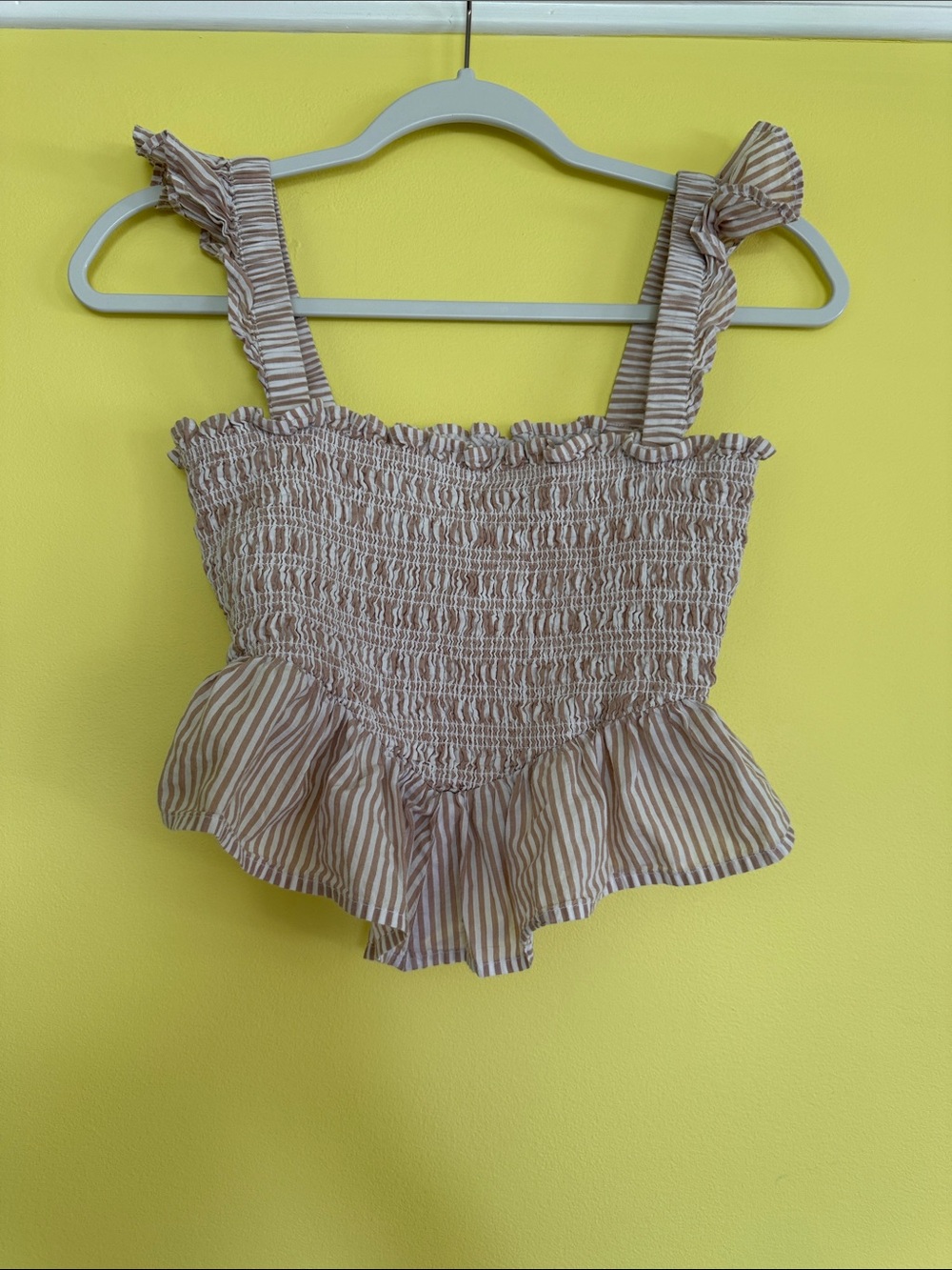 American Eagle Outfitters Beige and White Striped Smocked Ruffle Crop Top